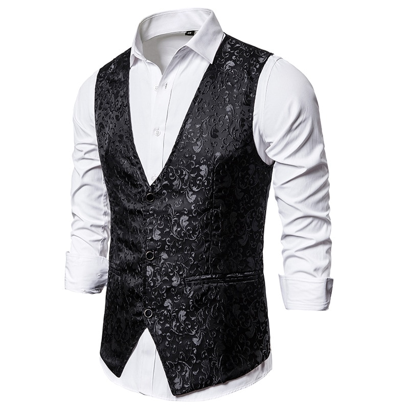 Luxus Gold Blumen- Jacquard Kleid Weste Männer Ärmellose Weste Männer Gilet Homme Kostüm Geschäft Hochzeit Rauchen Westen
