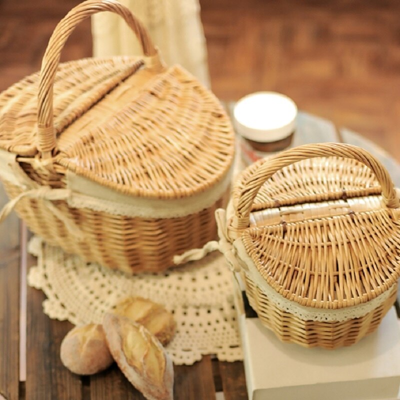 Wicker Handmade Woven Rattan Basket With Handle And Double Lids Camping Picnic Food Storage Container For Camping