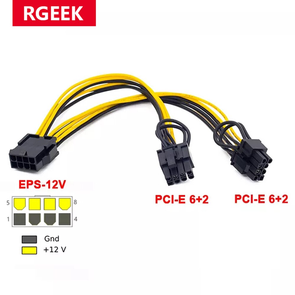 12V EPS CPU 8 Pin to Dual 8(6 2) Pin PCIE PCI Express Adapter for Graphics Card Power Extension Cable 20cm