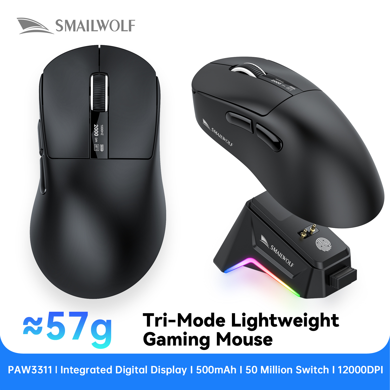 Smailwolf M6 Wireless Bluetooth Gaming Mouse Three-mode switching,magnetic charging,PAW3311 sensor,ultra-lightweight,ergonomic: black
