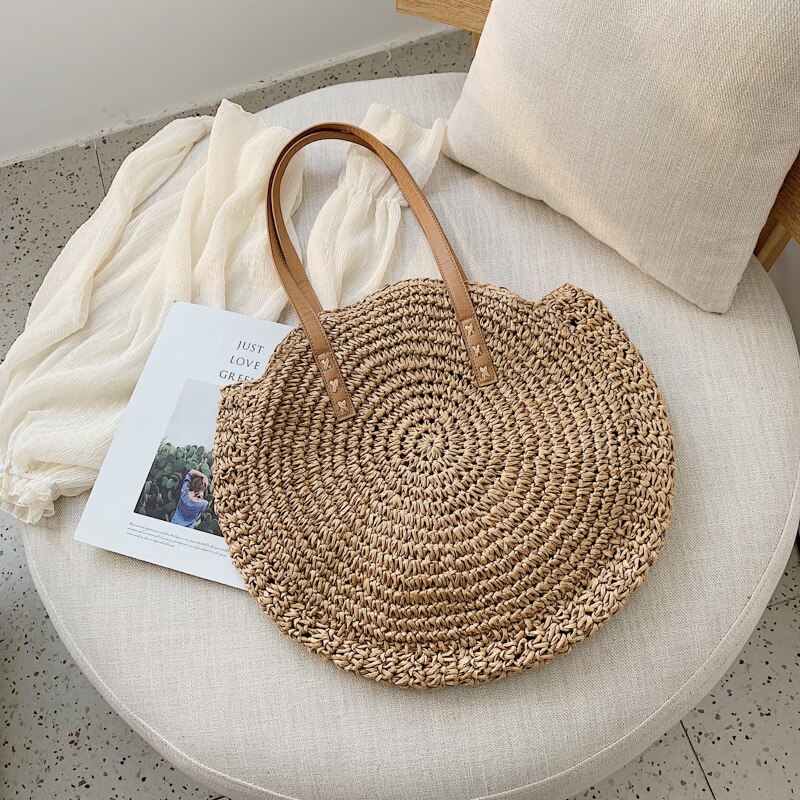 Rund strå strandtaske vintage håndlavet vævet skuldertaske raffia cirkel rattan tasker boheme sommerferie casual tasker