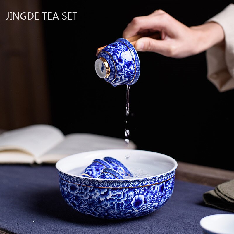 Service à thé en porcelaine bleu et blanc Antique, ensemble de théière et tasse chinois avec filtre en céramique,