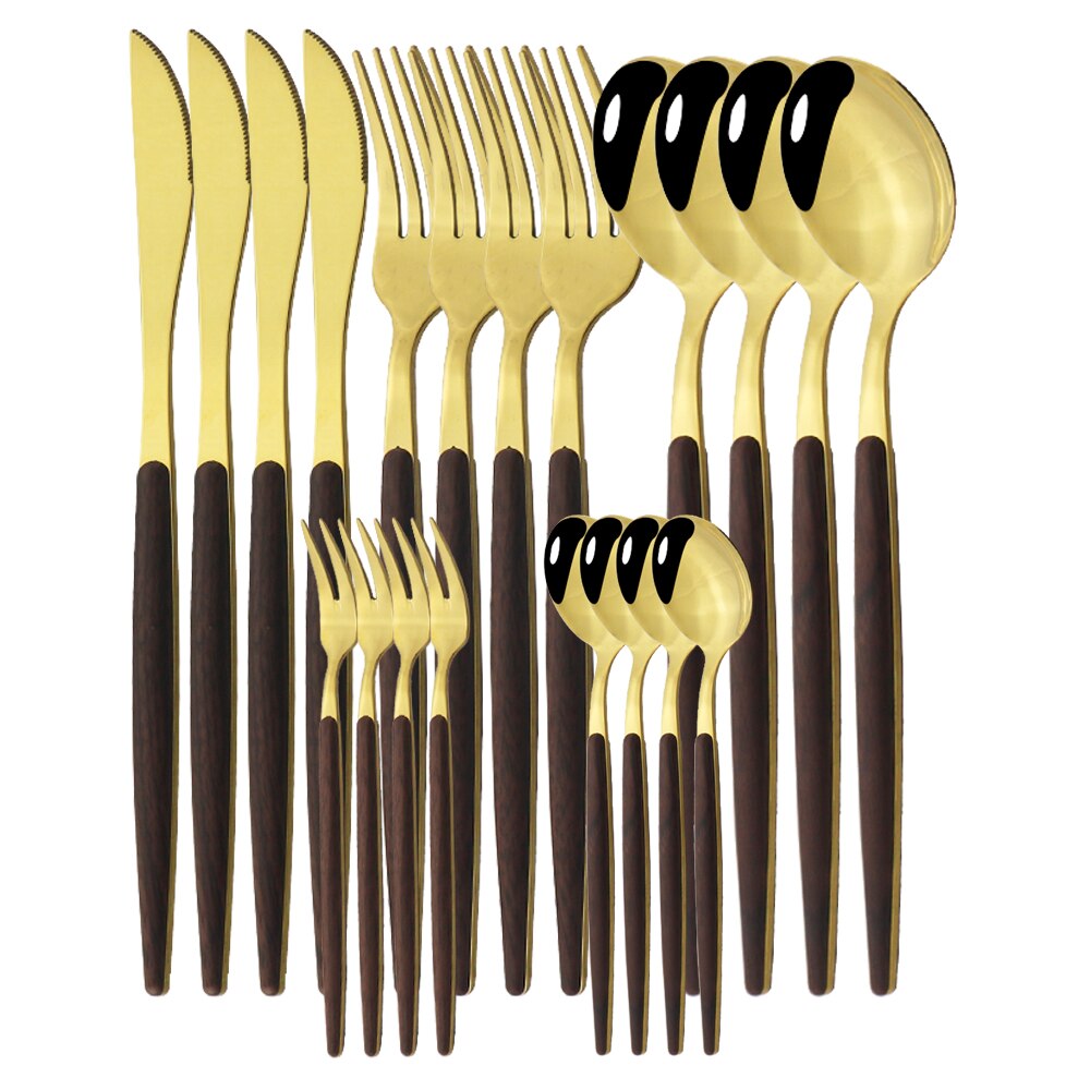 20Pcs Zilveren Houten Handvat Westerse Servies Set Roestvrij Stalen Bestek Set Mes Vork Lepel Theelepel Diner Servies Set: C Dark Gold