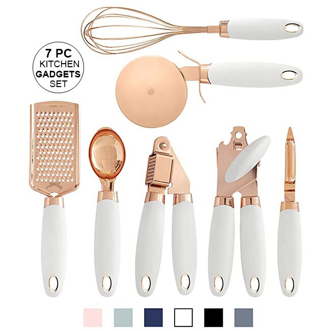 7-Piece Kitchen Gadgets Set Copper Coated Stainless Steel Utensils with Soft Touch Handles, Garlic Press Whisk Cheese Grater: White
