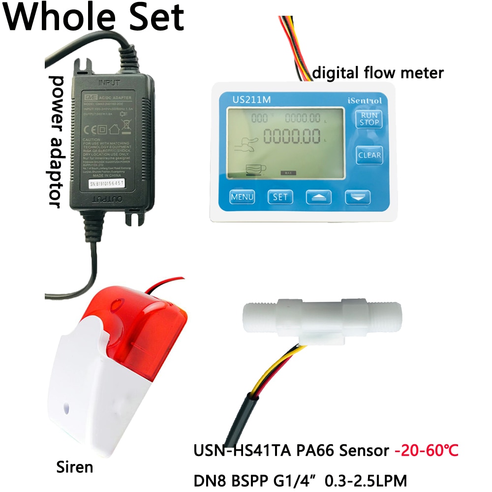 US211MA Pipe Water Suspend Alarming System Digital Flow Meter and Plastic 60℃ Flow Sensor Turbine Flowmeter G1/4" BSPP iSentrol
