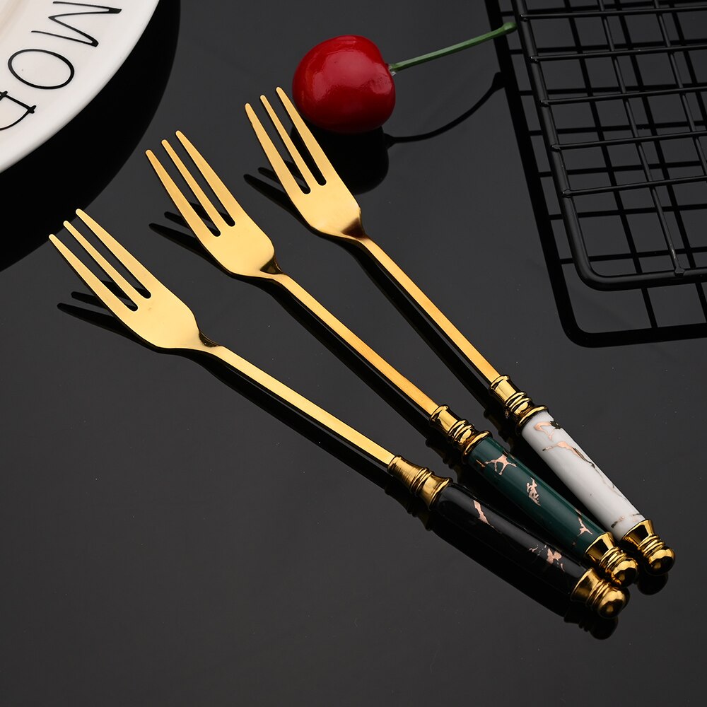 4/20PCS Gold Stainless Steel Flatware Cutlery Set Dinnerware Set Emerald Marble Ceramic Handle Knife Fork Tea Spoon Dinner Set