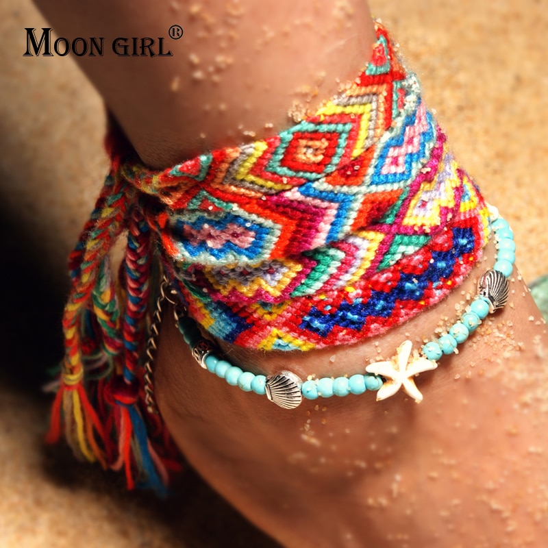 Lune fille 2 pièces coquille perles étoile de mer bracelets de cheville pour les femmes Double couche cheville jambe Bracelet à la main bohème fille bijoux directe