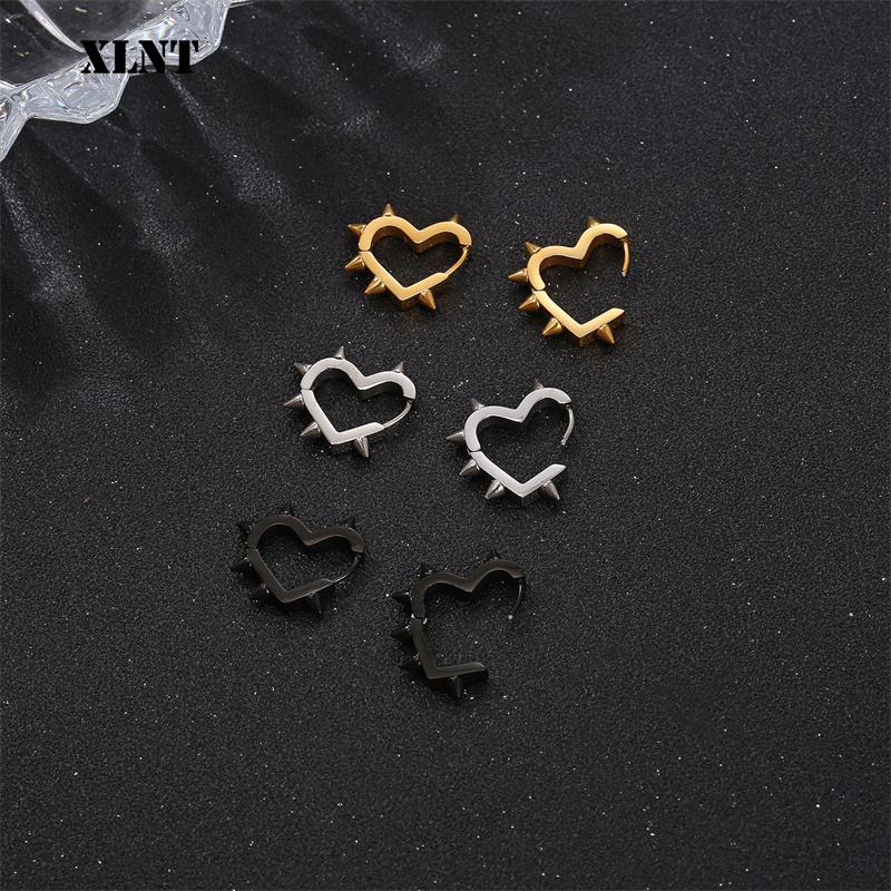 Exaggerated Spike Rivet Heart Stud Earrings For Women Men 3 Colors Stainless Steel Ear Buckle Piercing Goth Jewelry aretes