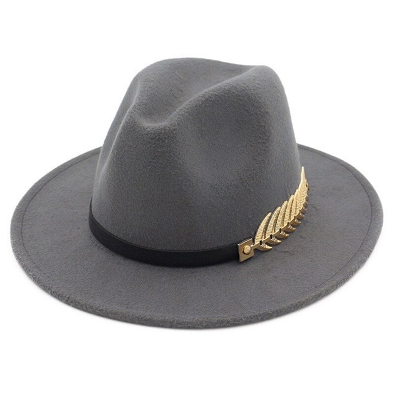 Sombrero de lana de estilo británico para hombre y mujer, gorro de lana de estilo británico, con plumas de hoja dorada, de fieltro de ala grande, Unisex: GY