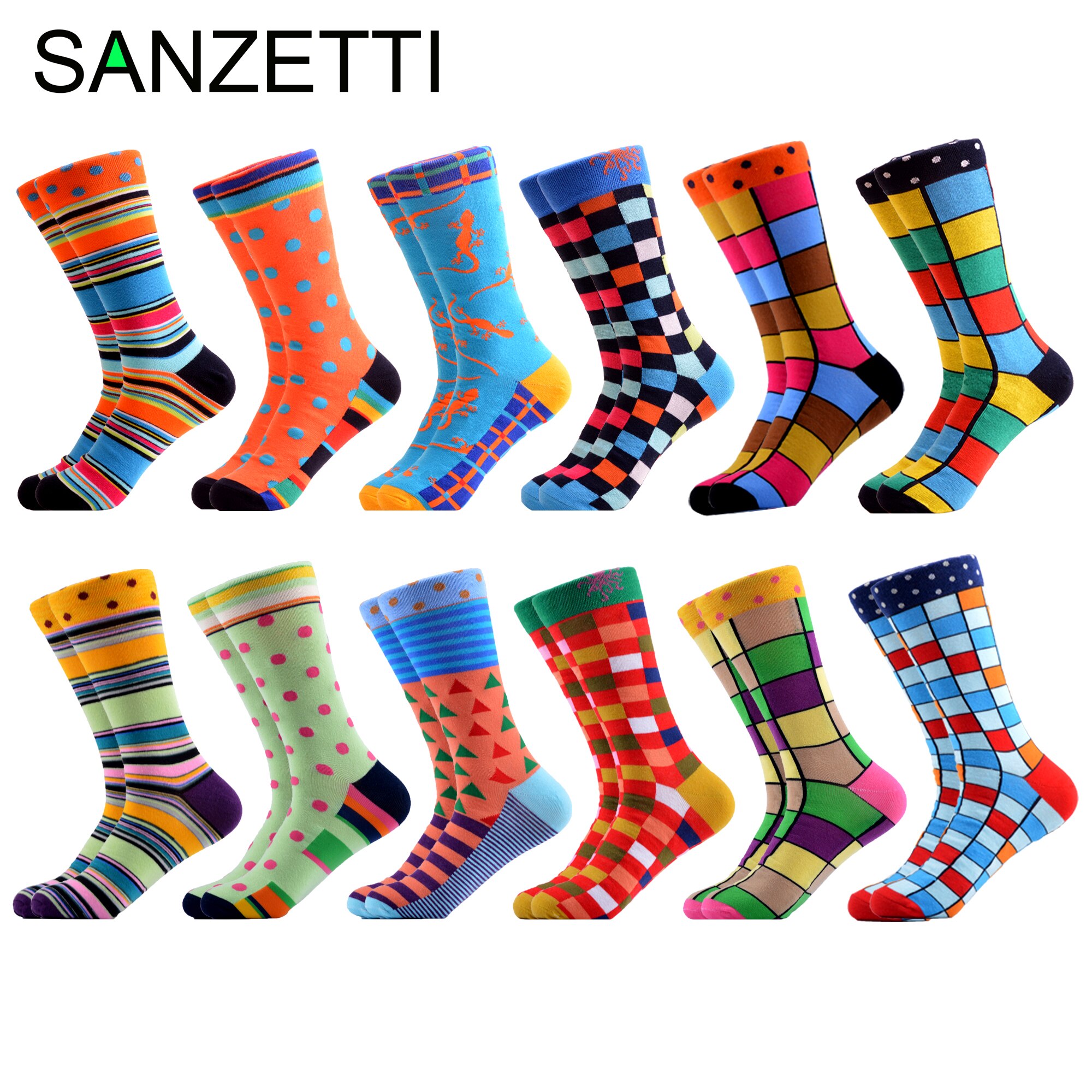 SANZETTI-chaussettes pour hommes, style Hip Hop, en coton peigné, haute couleur, nouveauté, Skateboard, motif géométrique, motif Harajuku,