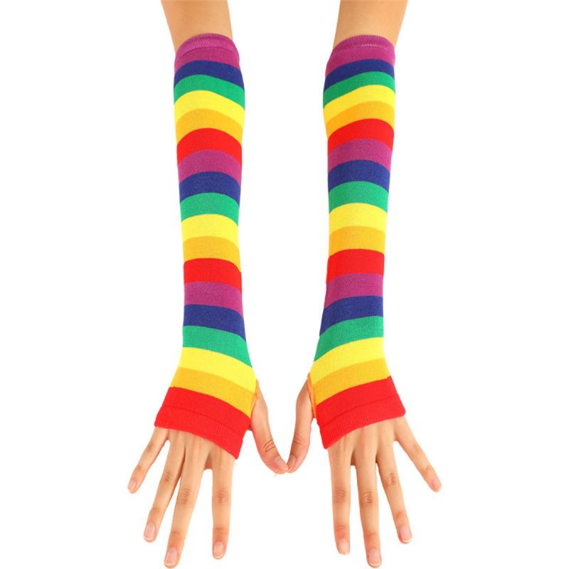 Women Girl Knitted Over Elbow Long Arm Warmers US Flag Rainbow Stripes Patchwork Fingerless Gloves with Thumb Hole Party Costume