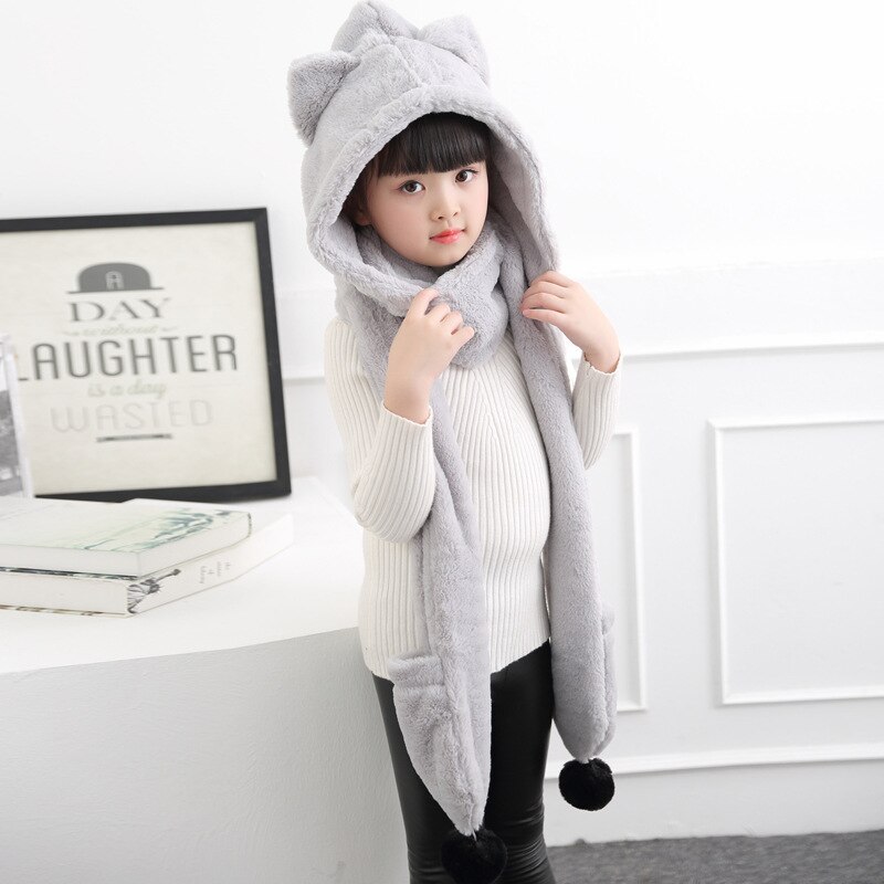 Conjunto de gorros y guantes de franela para niños y niñas, bufandas cálidas de invierno con dibujos animados, Unisex, 3 uds.: gray