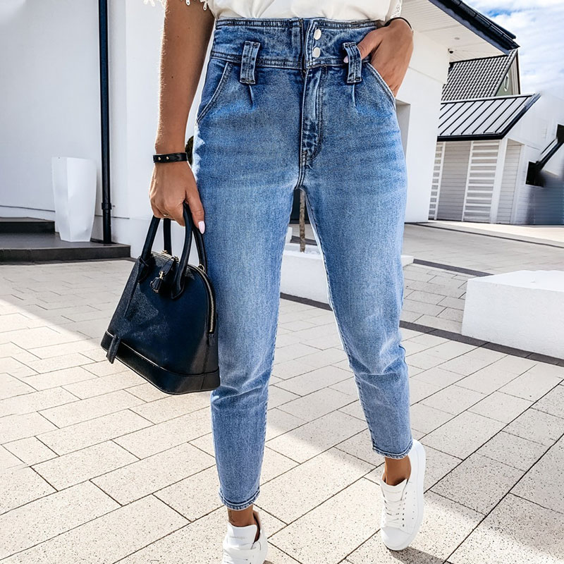 Women's Blue High Waist Pencil Jeans Slim Button Pockets Ladies Denim Pants Autumn Vintage Streetwear Trouser Female Bottom