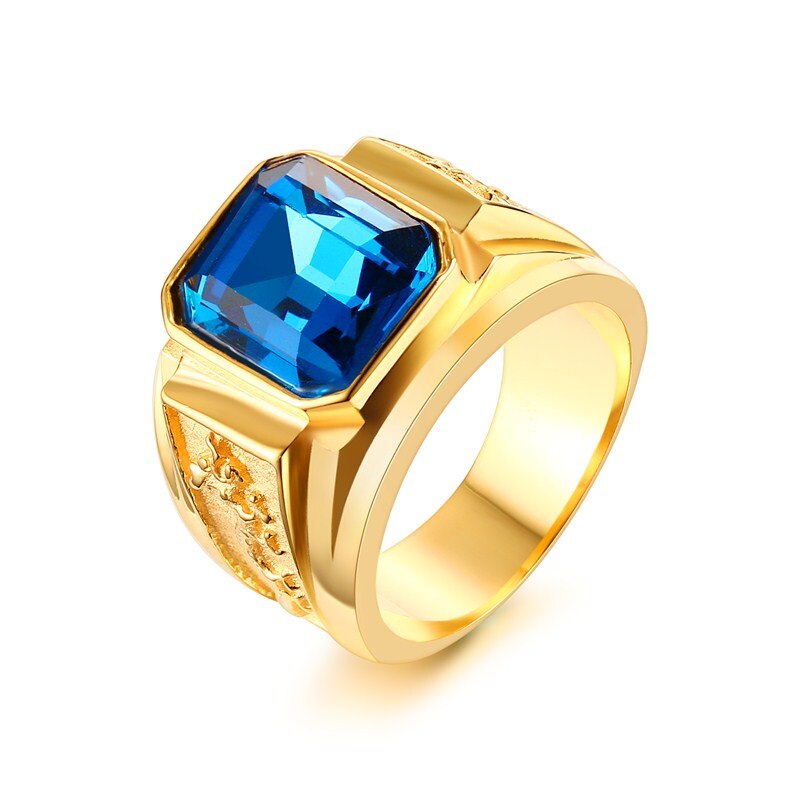 Men's Blue Rhinestone Ring with Dragon Pattern Gold-color Men Wedding Band Male Stainless Steel Jewelry anel masculino