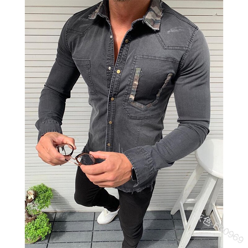 Mandlig vintage denim skjorte efterår herre camouflage sim fit langærmet skjorte rå kant mand hemd skjorte chemise blanche