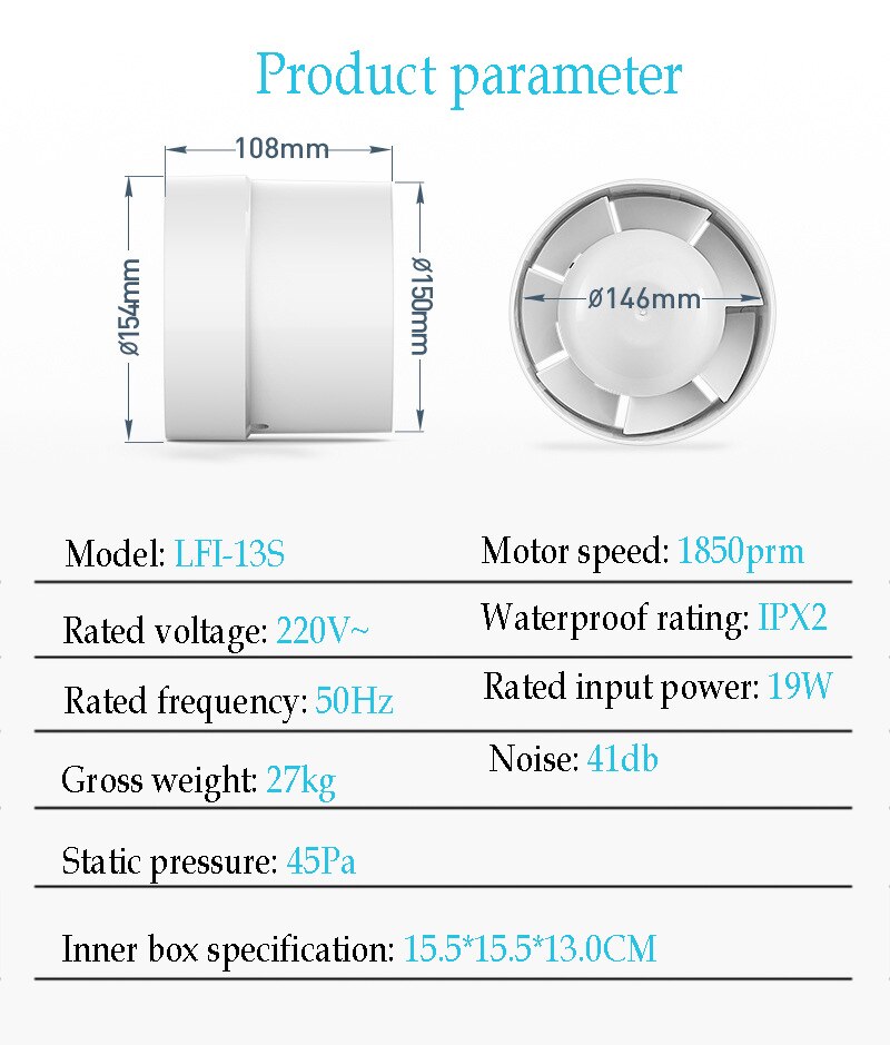 ABS Round Duct Fan Booster Exhaust Ventilator Ventilation Vent Air 4''6'' for Window Wall Bathroom Toilet Kitchen