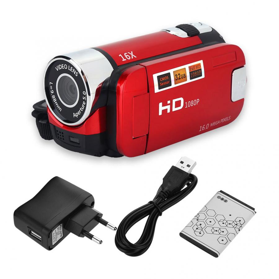 Digital Camcorder 720P Full HD 16MP DV Camcorder Digital Video Camera 270 Degree Rotation Screen 16X Night Shoot Zoom: Red-EU Plug
