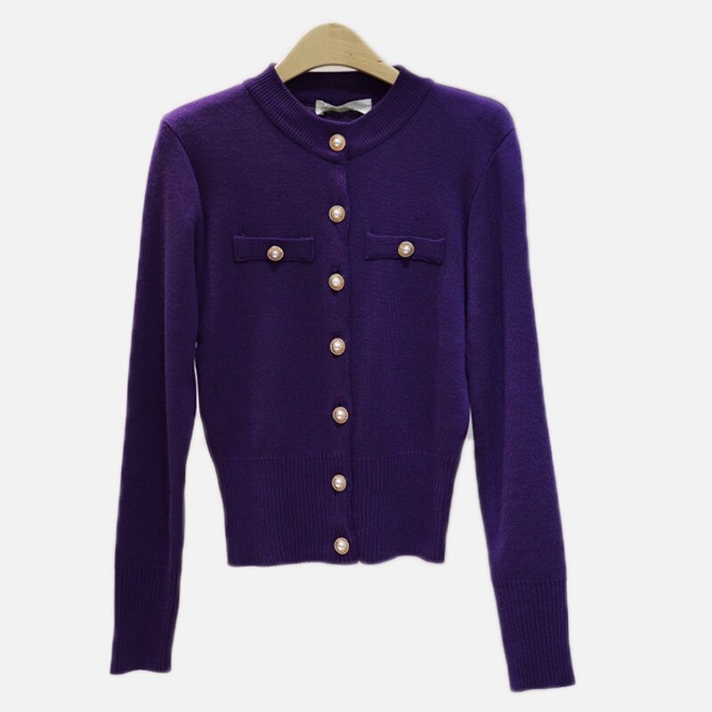 Cárdigan corto de punto para mujer suéter coreano de manga larga de un solo pecho suéteres femenino otoño primavera Cardigans mujeres: Púrpura