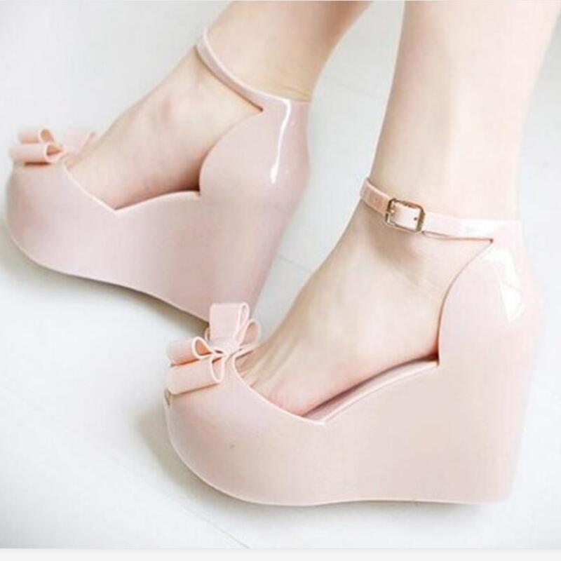 Women Summer Shoes Woman Jelly Sandals Peep toe Wedges High Heeled Sandals Bowtie Buckle Pink Black Blue Apricot