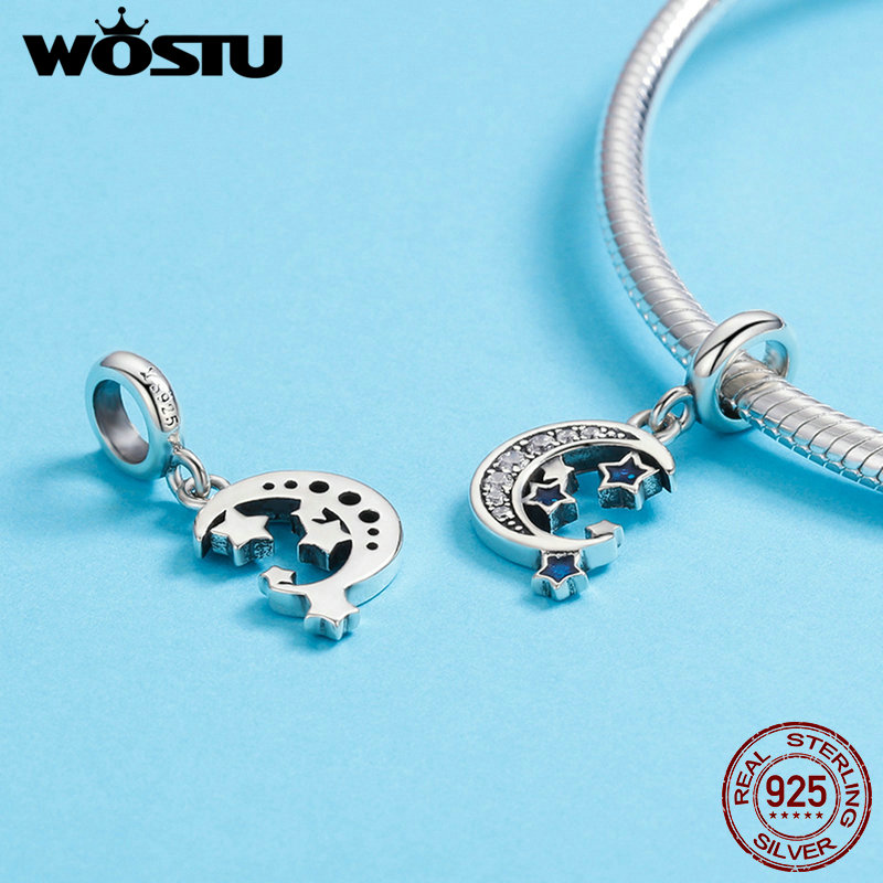 WOSTU 100% 925 argent Sterling ciel étoilé lune et étoiles Dangles breloque fit perle Bracelet pendentif collier bijoux à bricoler soi-même CQC639