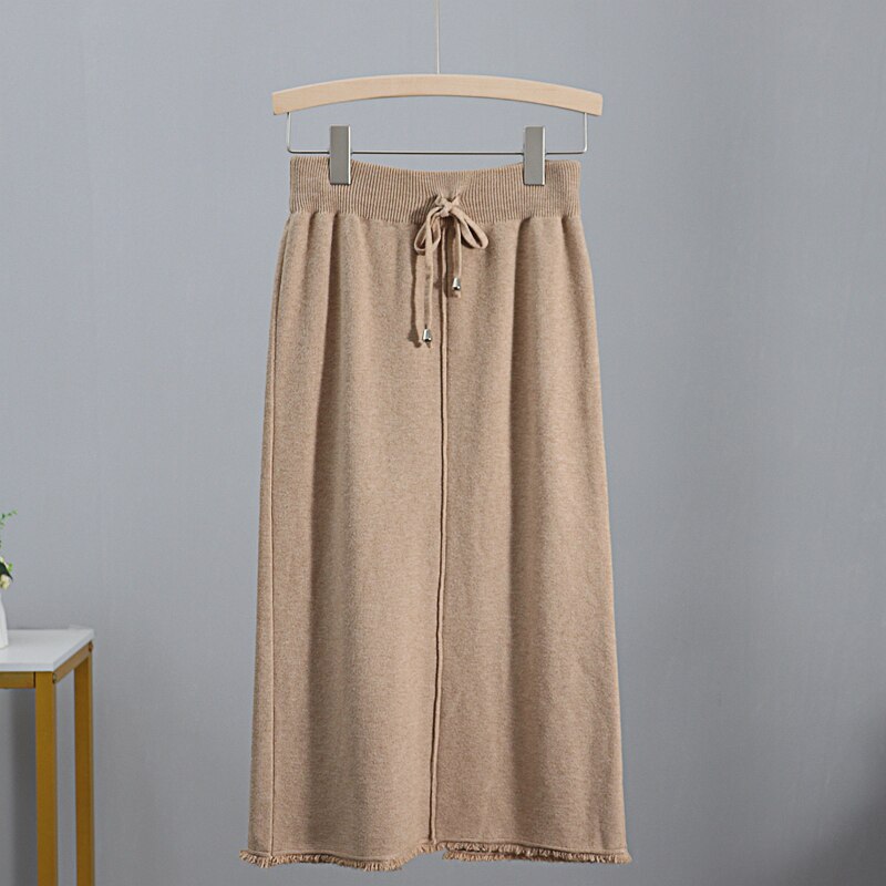 GIGOGOU Autumn Winter Knit Women Skirt Drawstring Midi Skirts Autumn Winter Long Maxi Bodycon Skirt Pencil Sweater Skirt: Khaqi G188