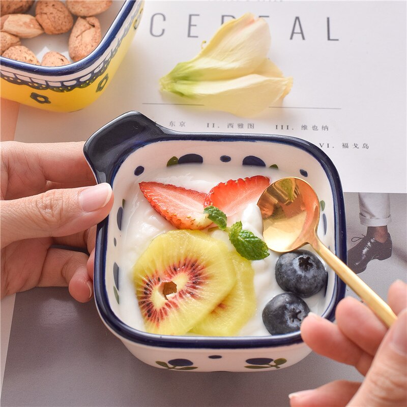 EECAMAIL Hand-painted Cute Ceramic Square Small Bowl Fruit Salad Bowl Yogurt Cup Dessert Bowl Pudding Bowl Baby Complementary