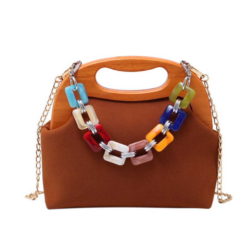 Hout Clip Shell Tas Voor Vrouwen Kleur Keten Luxe Handtas Zacht Lederen Schoudertas Vrouwelijke Brand Crossbody Tas Portemonnees: Brown shoulder bag