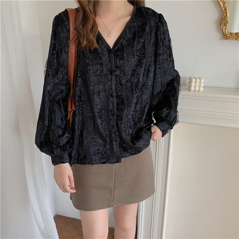 Aelegantmis kobiety czarny biały V szyja koronkowa aksamitna bluzka kobiety elegancki francuski styl kobieta w stylu klasyczny z długim rękawem aksamitne bluzki retro: czarny