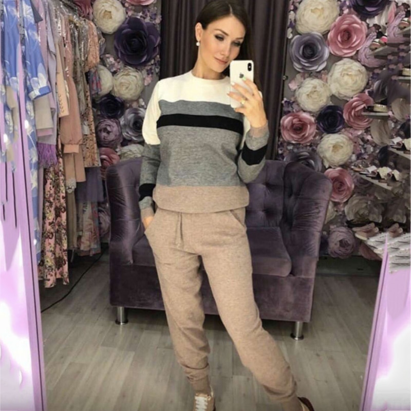 Autumn and winter casual women's knit sweater pants suit knit sportswear color strip stitching wool knit suit