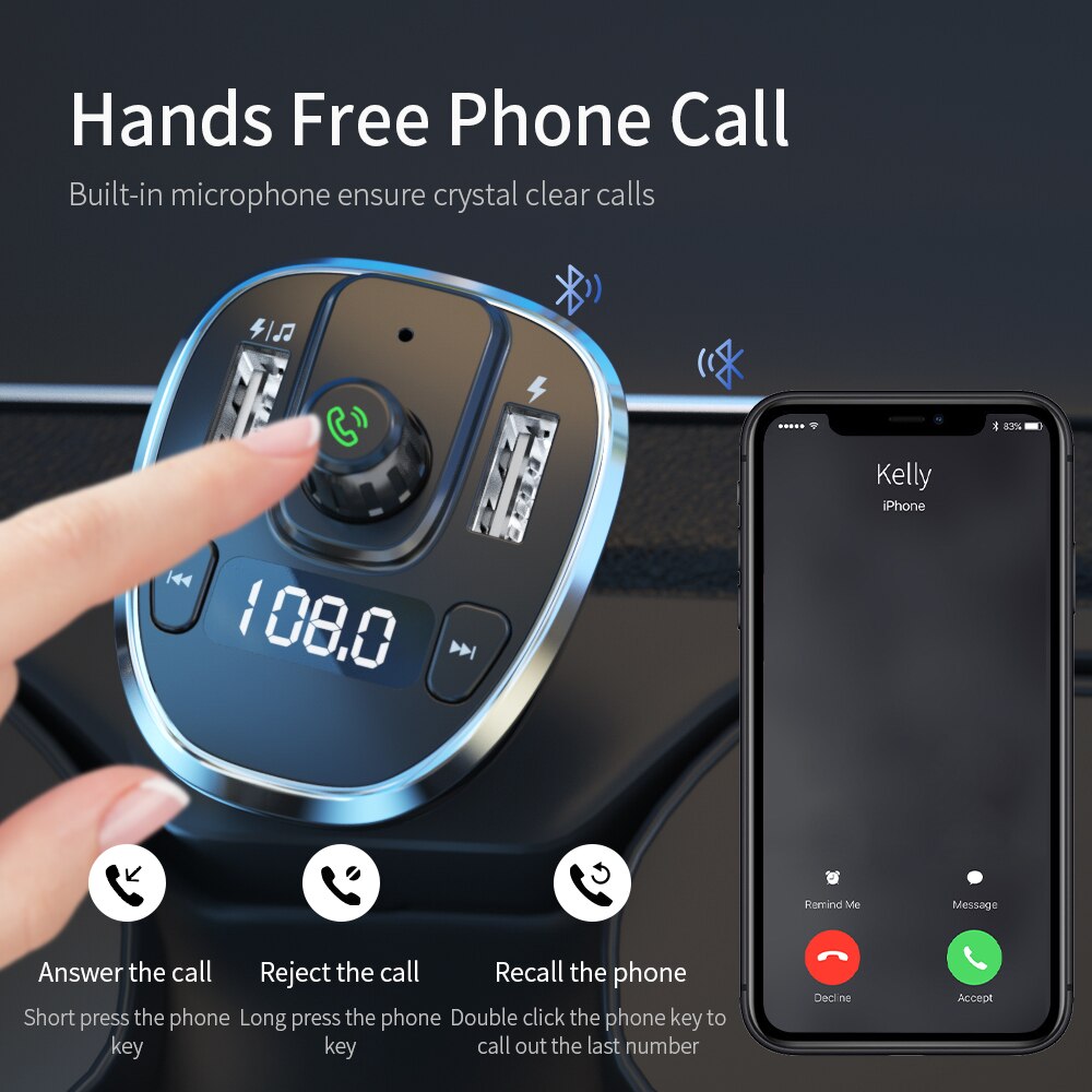 Essager Usb Auto Oplader Voor Mobiele Telefoon Bluetooth Handsfree Fm-zender MP3 Speler Auto Kit Fast Charger Voor Iphone