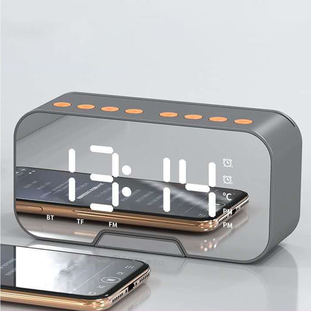 Smart Digital Alarm Clock Multifunction Music Player Bluetooth 5.0 Voice Call FM Radio Temperature Mirror Table Clock