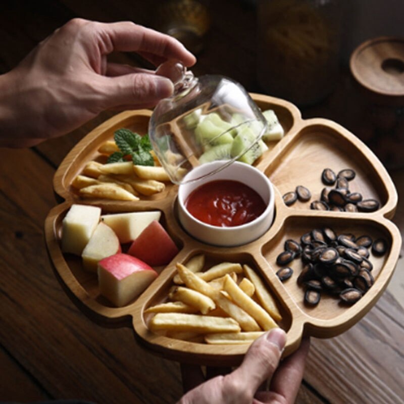 Petal Shaped Six Compartments, Nut Box, Dried Fruit Plate, Compartment Snack Plate, Fruit Plate with Ceramic Bowl Cover