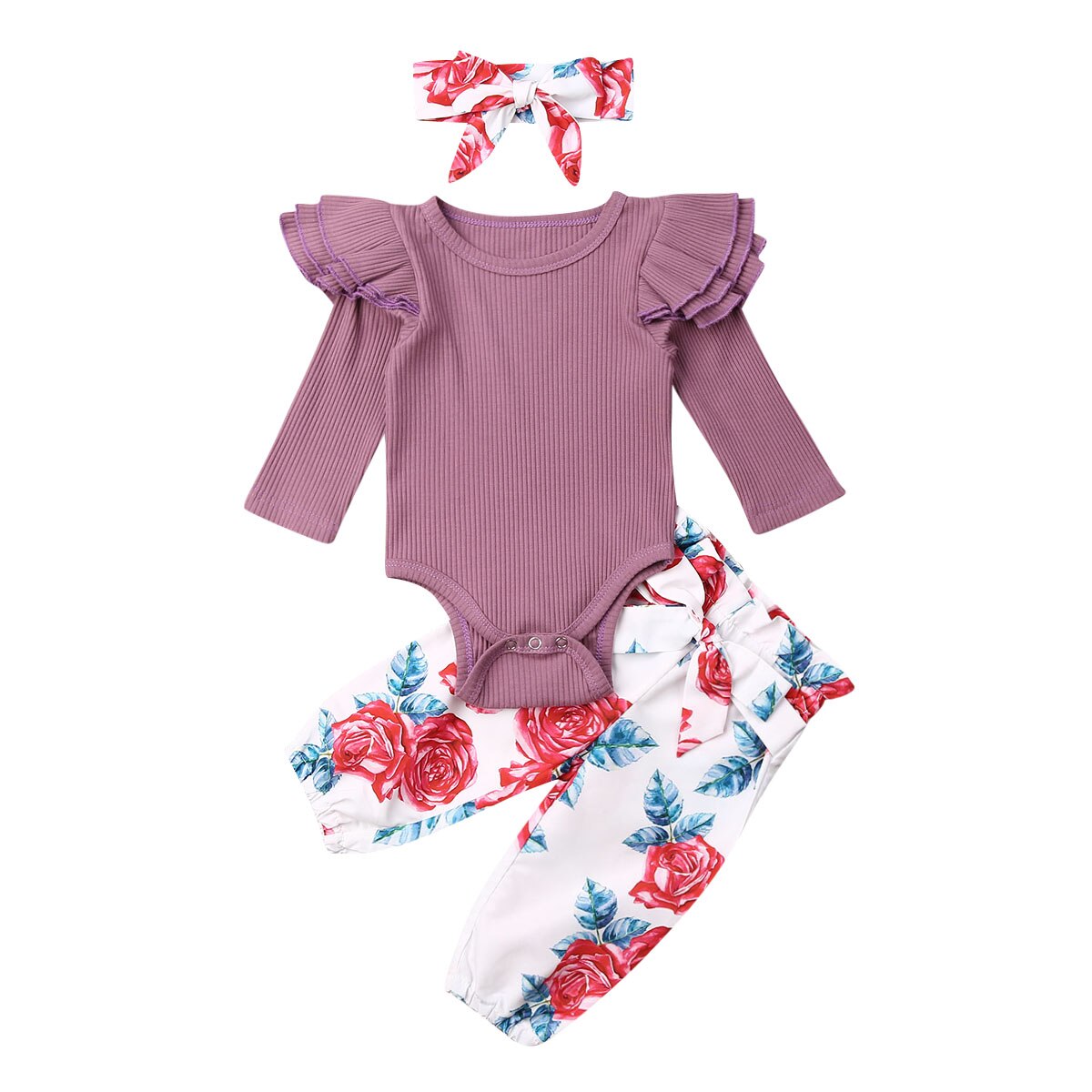 3Pcs Infant Baby Girls Tops Romper Floral Pants Outfits Set Clothes: Purple  / 18M