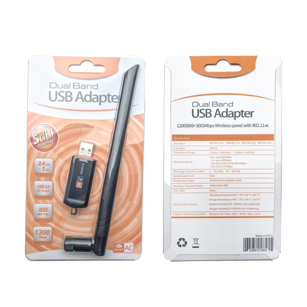 1200Mbps USB3.0 bezprzewodowy adapter Wifi 2.4/5Ghz dwuzakresowy karta sieciowa WPS 5dBi antena wysoka prędkość dla prochowiec OS okna Linux