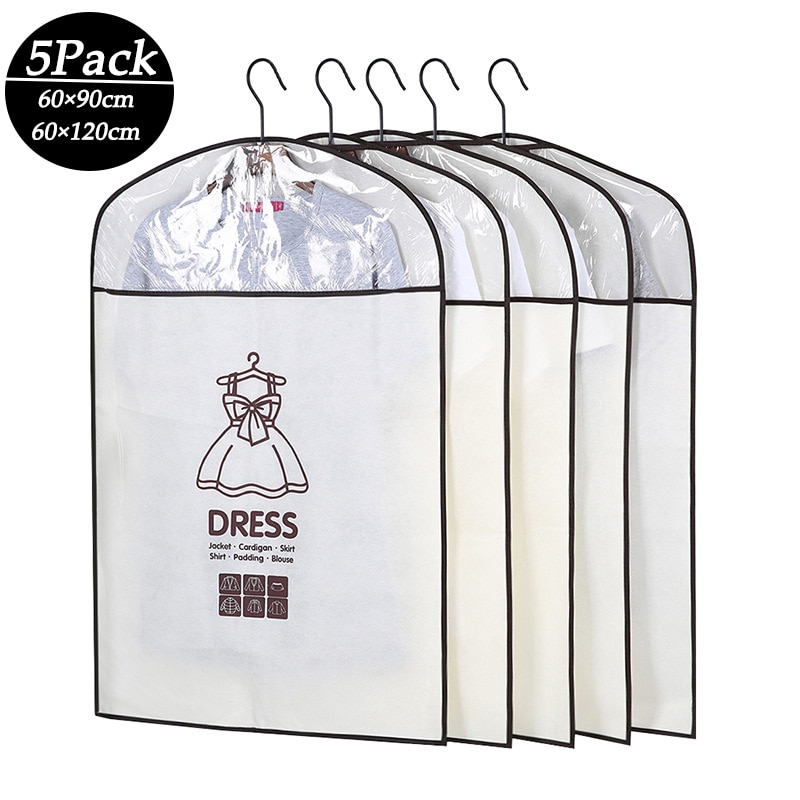 5Pcs/Set Closet Hanging Clothes Dust Cover Waterproof Garment Bag Wardrobe Suit Coat Dress Organizer
