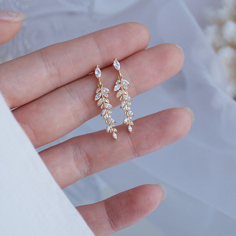 Micro-inlaid Zircon Gold-plated Leaves Sense Earrings For Women Korean Stud Earring Jewelry Stainless Steel