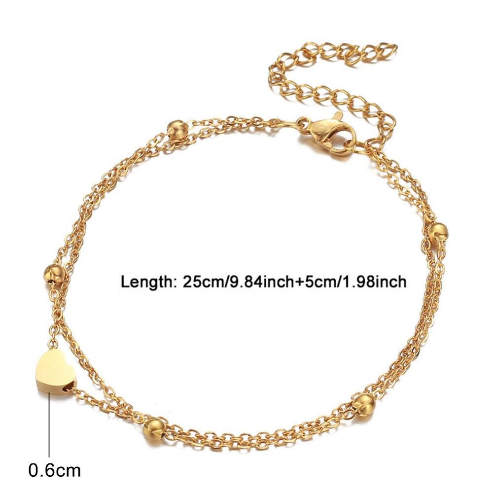 Stainless Steel Thin Bead Chain Heart Anklet For Women Double Layer Foot Anklet Sandals Bohemian Beach Leg Jewelry