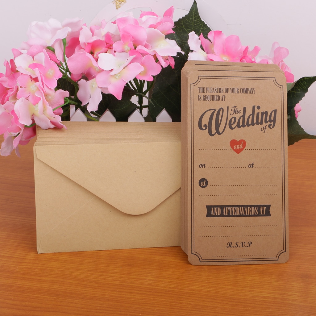 50pcs Vintage Kraft Paper Greeting Cards Reception Wedding Invitations Cards & Envelopes