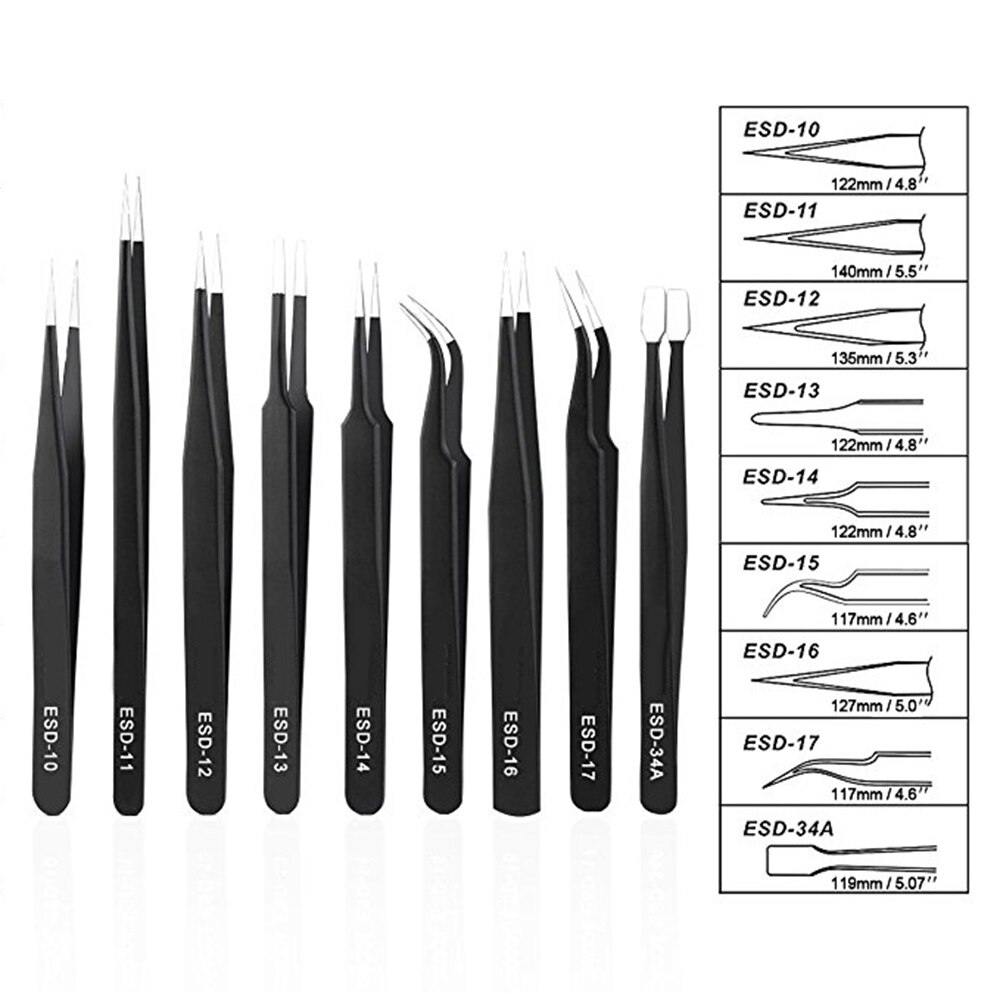 ESD Antistatique En Acier Inoxydable Pince À Épiler Outil Ensemble Haute Pointe Incurvée Brucelle Droite Multifonction Pince Outil De Réparation Kit
