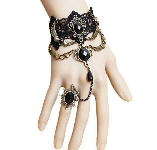 Gothic Armband Zwarte Kant Vinger Hand Chain Harness Vrouwen Armband Metalen Crystal Charm Steampunk Lady Vintage Sieraden, TCN615