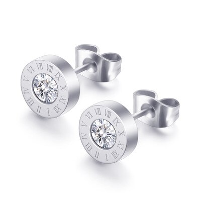 Edelstahl Stud Ohrringe für Frauen Gold Rose Farbe Römische Ziffer Zirkon Ohrringe Weibliche -Schmuck: Silver