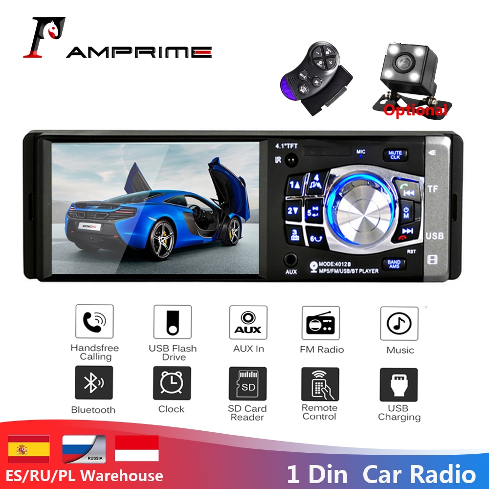 Amprime 1 Din 4.1 "Auto Radio Autoradio Stereo Fm Bluetooth Usb Aux Fm Radio MP3 Audio Player Ondersteuning Camera afstandsbediening 4012B