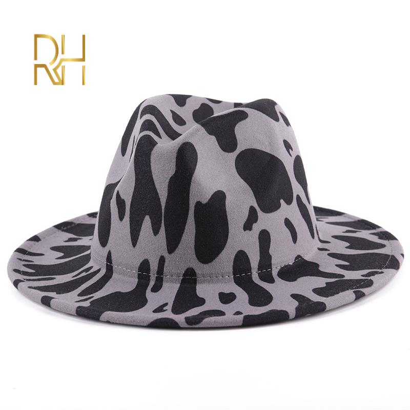 Men Women Wide Brim Wool Felt Cow Print Fedora Hats Vintage Panama Trilby Cap Jazz Hat RH: gray