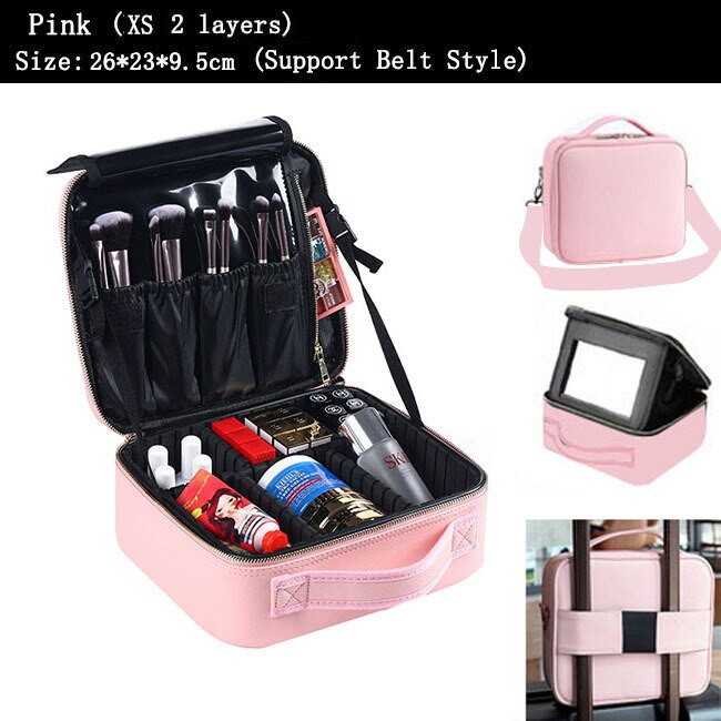 Kobiety PU skóra makijaż torba profesjonalny Manicure artysta torba na kosmetyki kobiece zestawy pełny Organizer na kosmetyki wózek Beauty Box: Pink XS Mirror