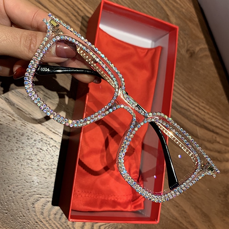 Nærsynethed hypermetropi kvinder solbriller vintage klar linse briller dame luksus rhinestone dekoration solbriller mænd optisk