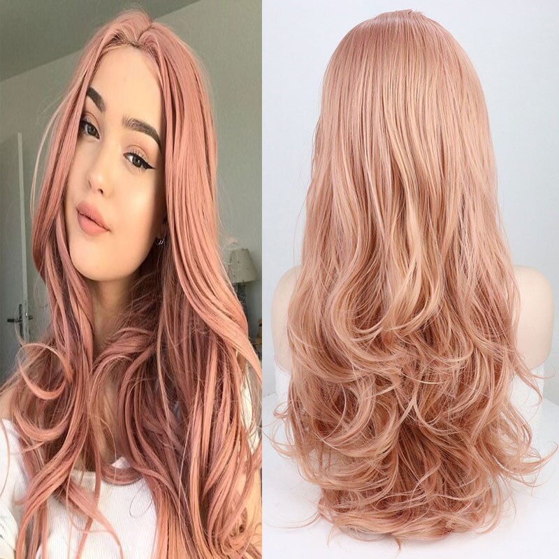 Bombshell pêssego rosa onda solta peruca dianteira do laço do cabelo sintético glueless resistente ao calor do cabelo da fibra natural linha fina para perucas femininas