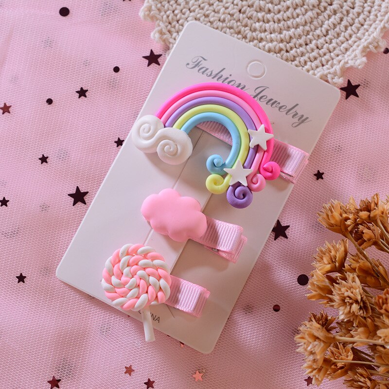 3pcs Kids Girl Hair Clip Styling Rainbow Cloud Lollipop Side Clip Little Girl Clip Hair Accessories Duckbill Clip Headwear TXTB1