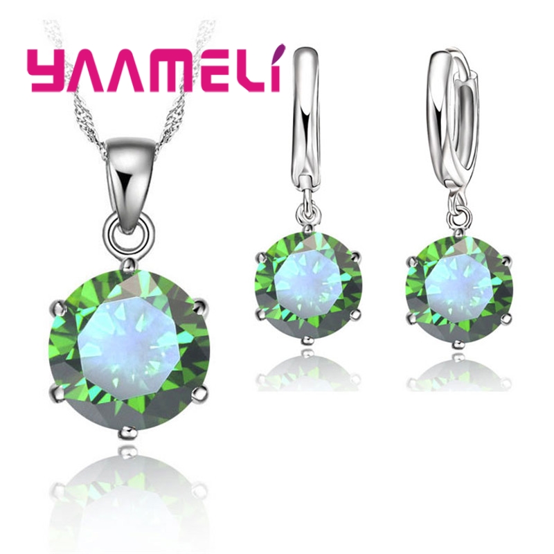 Trendy 925 Sterling Silver Color Jewelry Sets Simple 6 Claws Round Zircon Pendant Necklace Hoop Earrings Set Wedding Bridal: Imitation Rhodium Plated