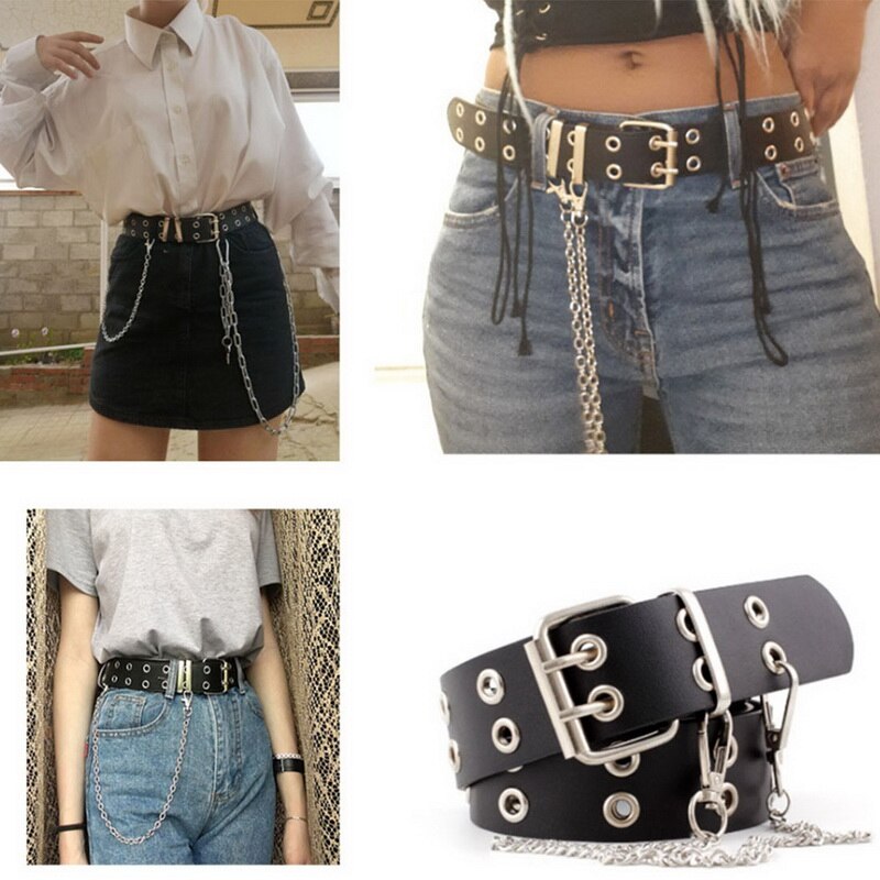 Women Punk Chain Belt Adjustable Double/Single Row Hole Eyelet Jeans Waistband with Eyelet Chain Decorative Belts