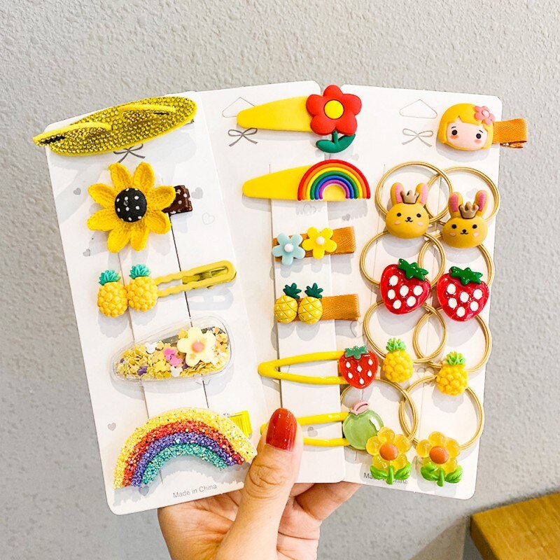 10 pçs/set crianças girassol grampos de cabelo conjunto hairpin para meninas adorável dos desenhos animados frutas flores bandana do bebê bb clipe barrettes